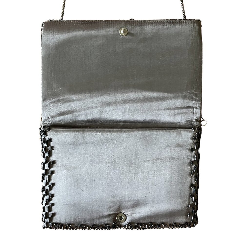 Vintage Gunmetal Beaded La Regal Evening Bag Clutch Shoulder Chain Silver Deco - Picture 9 of 15